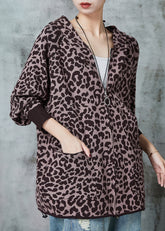 French Khaki Oversized Strickjacke mit Leopardenmuster Frühling